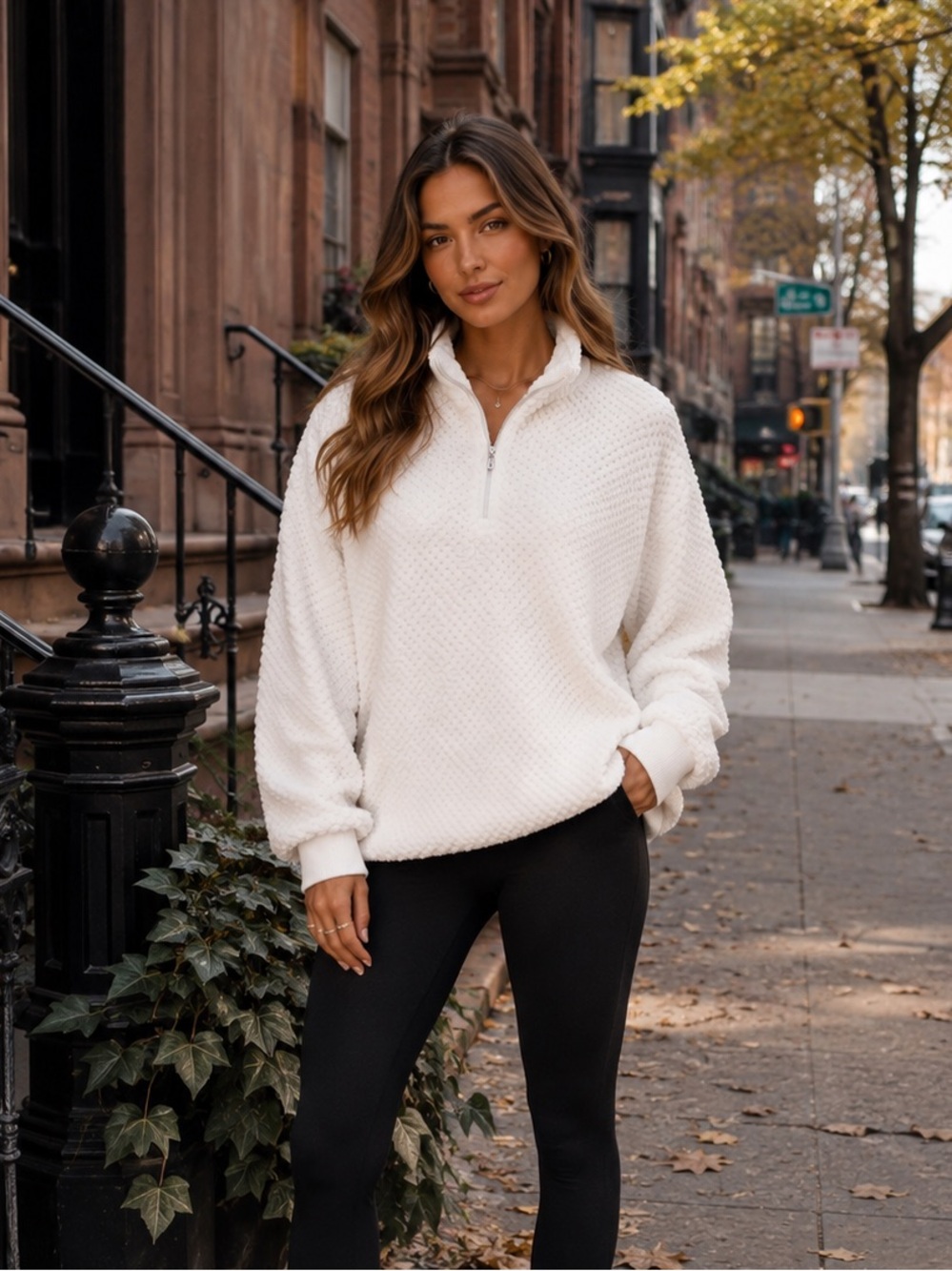 LAST 1 🖤 XS Waffle knit cozy teddy fuzzy quarter zip sweatshirt hoodie white